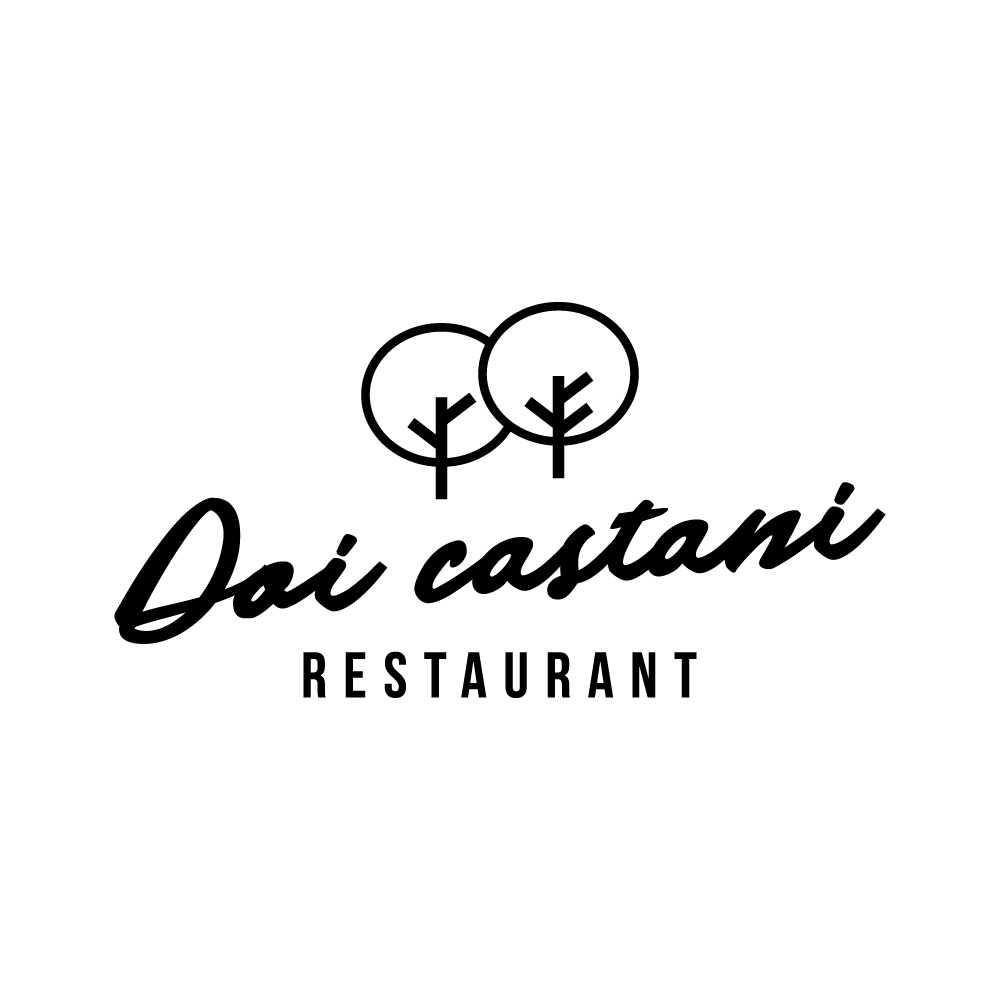 Sigla Restaurantului Doi Castani: doi castani suprapuși deasupra numelui scris de mână